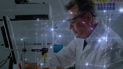 Animation-of-network-of-connections-over-caucasian-male-scientist-taking-sample-in-lab