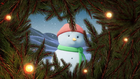 Animation-of-snow-falling-and-tree-branches-with-snowman-over-winter-scenery
