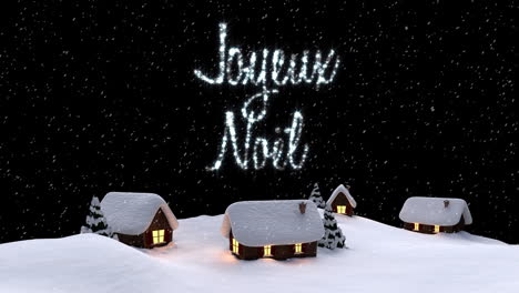 Animation-Von-Schnee,-Der-über-Den-Text-„Joyeux-Noel“-über-Einer-Winterlandschaft-Fällt