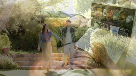 Happy-diverse-couple-spending-time-together-at-home-and-in-sunny-garden,-in-slow-motion