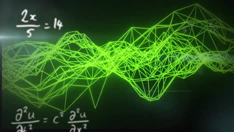 Animation-of-mathematical-equations-over-network-of-connections-on-black-background