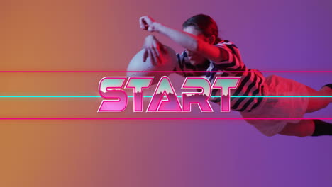 Animation-of-start-text-over-neon-pattern-caucasian-rugby-player