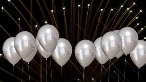 Animation-Von-Feuerwerk-Und-Silbernen-Luftballons-Auf-Schwarzem-Hintergrund