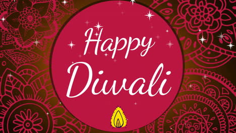 Animation-of-stars-falling-over-happy-diwali-text-in-circle-and-flame-against-floral-pattern
