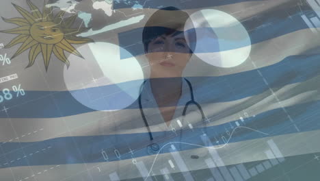 Animation-of-financial-data-processing-and-flag-of-uruguay-over-caucasian-female-doctor