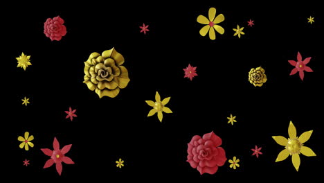 Animación-Del-Patrón-Floral-Chino-Rojo-Y-Dorado-Sobre-Fondo-Negro