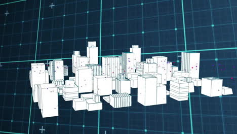 Animation-Eines-Netzwerks-über-Einem-Architektonischen-Stadtbild-über-Einem-Gitter-Auf-Dunklem-Hintergrund