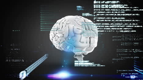 Animation-Der-Datenverarbeitung-über-Dem-Menschlichen-Gehirn-Auf-Grauem-Hintergrund
