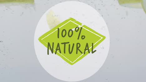 Animation-Von-100-Prozent-Natürlichem-Text-über-Einem-Ins-Wasser-Fallenden-Obsthintergrund