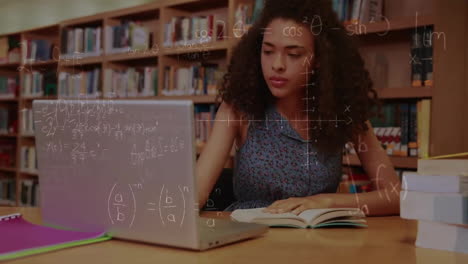 Animation-of-mathematical-data-processing-over-biracial-female-student-with-laptop