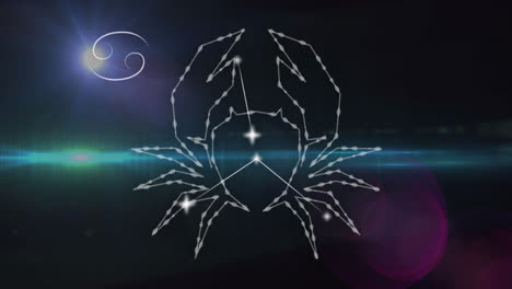 Animation-of-connected-dots-forming-cancer-symbol-and-moving-lens-flare-against-black-background