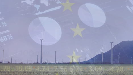 Animation-of-financial-data-processing-and-flag-of-eu-over-field-in-countryside