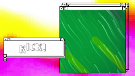 Animation-Von-Kick-Text-Und-Lichtspuren-Auf-Fenstern-Mit-Eieruhr-über-Buntem-Computer-Desktop
