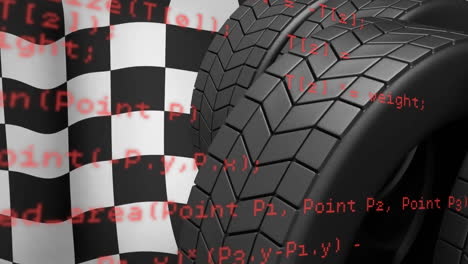 Animation-of-data-processing-over-tyres-on-checkered-background