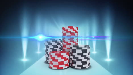 Animation-of-light-beam-over-poker-chips-and-rows-of-spotlights-on-blue-background
