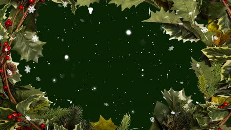 Animation-of-snow-falling-and-christmas-decorations-and-winter-scenery