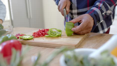 Midsection-of-senior-diverse-couple-cooking,-cutting-vegetables-in-kitchen,-slow-motion