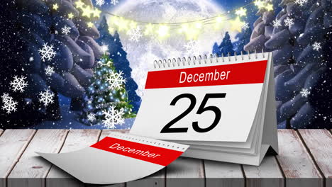Animation-of-25-december-calendar-page-over-christmas-decorations-in-winter-scenery