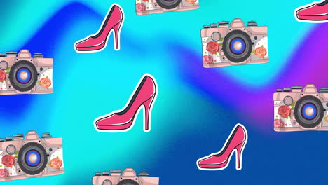 Animation-of-pink-high-heeled-shoes-and-cameras-over-blue-and-purple-blur