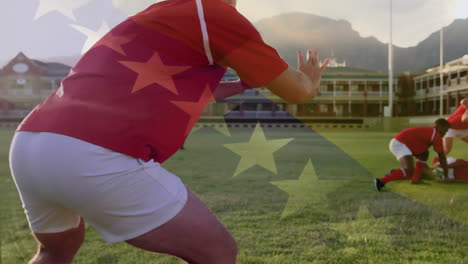 Animation-Der-Flagge-Von-Bosnien-Und-Herzegowina-über-Verschiedenen-Männlichen-Rugbyspielern,-Die-Im-Stadion-Spielen