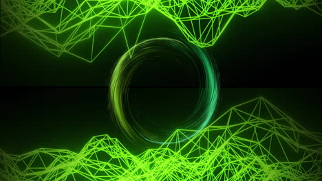 Animation-of-green-light-trails-and-network-of-connections-on-black-background