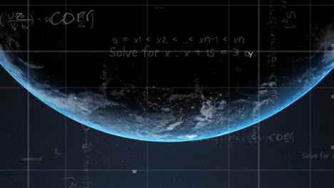 Animation-of-mathematical-data-processing-over-globe-on-blue-background
