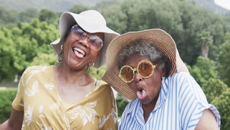 Retrato-De-Felices-Amigas-Afroamericanas-Mayores-Haciendo-Caras-Graciosas-En-El-Jardín,-Cámara-Lenta