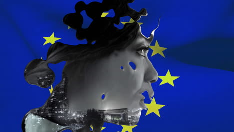 Animation-Einer-Frau-Mit-Gemischter-Abstammung-Mit-Stadtbild-über-Der-EU-Flagge