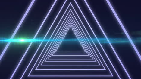 Animation-of-concentric-lilac-triangle-tunnel-over-beam-of-blue-light-on-dark-background
