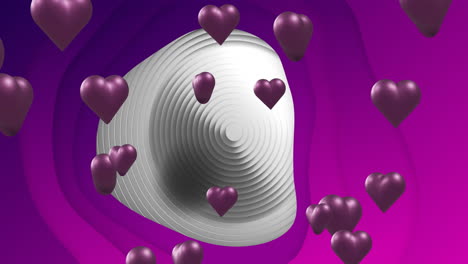 Animation-Von-Violetten-Herzförmigen-Luftballons,-Die-Aus-Einem-Kreisförmigen-Muster-Vor-Violettem-Hintergrund-Herausspringen
