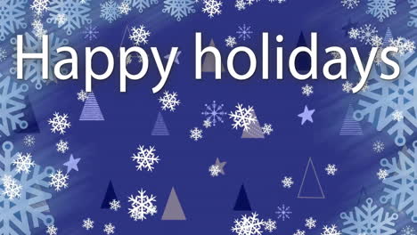 Animation-of-happy-holidays-text-over-christmas-trees-and-snow-falling