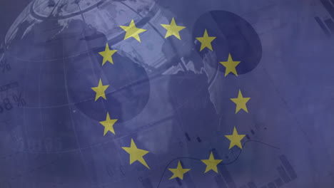 Animation-Der-Flagge-Der-Europäischen-Union-über-Dem-Globus-Und-Diagramme-Zur-Datenverarbeitung