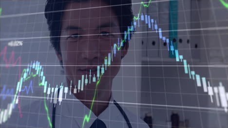 Animation-of-financial-data-processing-over-asian-male-doctor