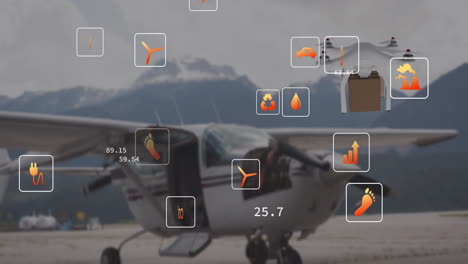 Animation-of-eco-icons-and-data-processing-over-drone-with-box-and-plane