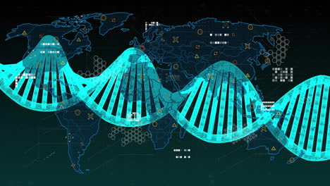 Animación-De-La-Cadena-De-ADN-Sobre-Procesamiento-De-Datos-Y-Mapa-Mundial.