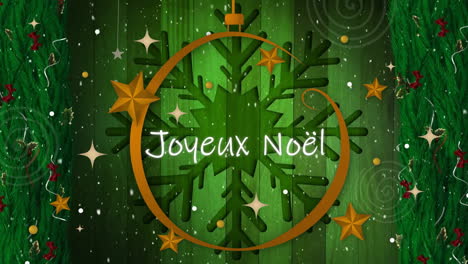 Animation-of-joyeux-noel-text-and-stars-falling-over-spot-lights-on-green-pattern-background