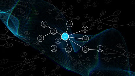 Animation-of-network-of-connections-with-icons-over-blue-glowing-mesh