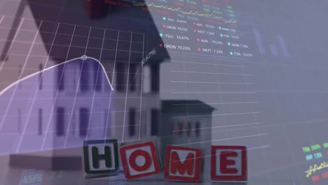 Animation-Der-Verarbeitung-Finanzieller-Daten-über-Einem-Haus-Und-Hölzernen-Buchstabenblöcken