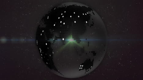 Animation-of-illuminated-dots-on-rotating-globe-and-lens-flares-against-black-background