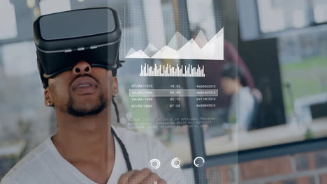 Animation-of-data-processing-over-african-american-businessman-using-vr-headset