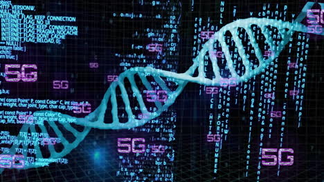 Animation-of-dna-strand-over-data-processing-with-5g-on-black-background