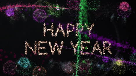 Animation-of-happy-new-year-text-over-glowing-light-trails-and-fireworks-on-black-background