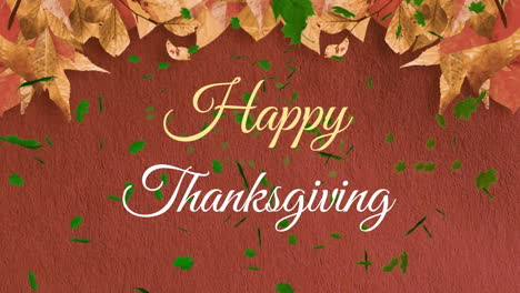Animation-of-happy-thanksgiving-text-with-maple-tree-flying-over-leaves-against-abstract-background