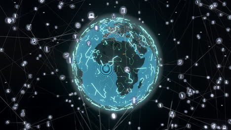 Animation-of-glowing-blue-mesh-of-connections-with-icons-over-globe-on-black-background