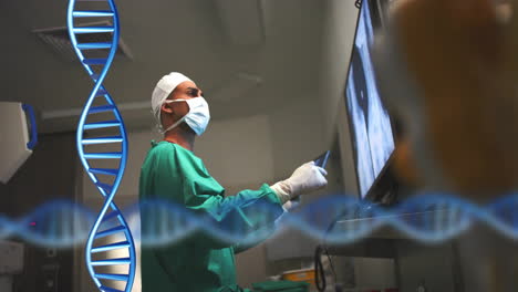 Animation-Von-DNA-Strängen-über-Einem-Kaukasischen-Männlichen-Chirurgen-Im-Krankenhaus