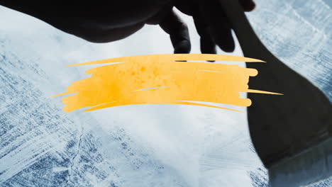 Animation-Eines-Gelben-Farbflecks-Mit-Kopierraum-über-Der-Hand-Mit-Farbpinsel-Hintergrund