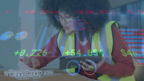 Animation-of-data-processing-over-biracial-female-engineer-in-hi-vis-vest