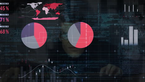 Animation-Der-Verarbeitung-Finanzieller-Daten-über-Einem-Männlichen-Hacker-Und-Dunklem-Hintergrund