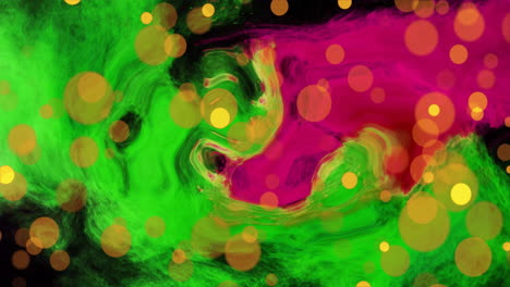 Animation-Von-Orangefarbenen-Lichtkugeln-über-Grünen-Und-Rosa-Flecken