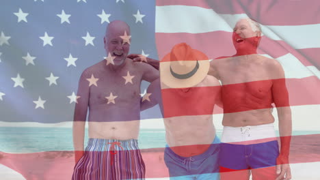 Animation-of-flag-of-usa-over-diverse-senior-friends-on-beach-in-summer